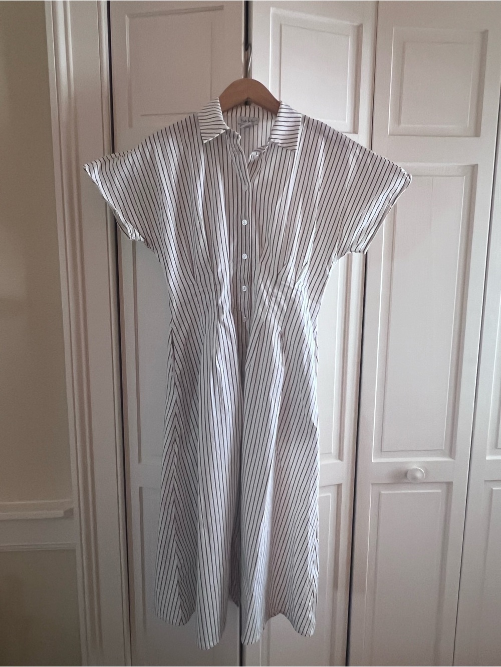 Striped Button-Front Midi Shirt Dress in White and Brown
